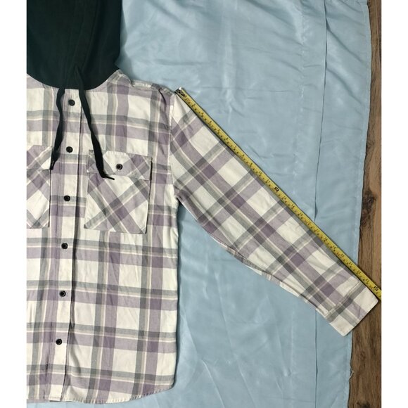 NoBo Mens Small Button Up Flannel Hooded Shacket Shirt Plaid 34-36 Off White Sm - Picture 8 of 16
